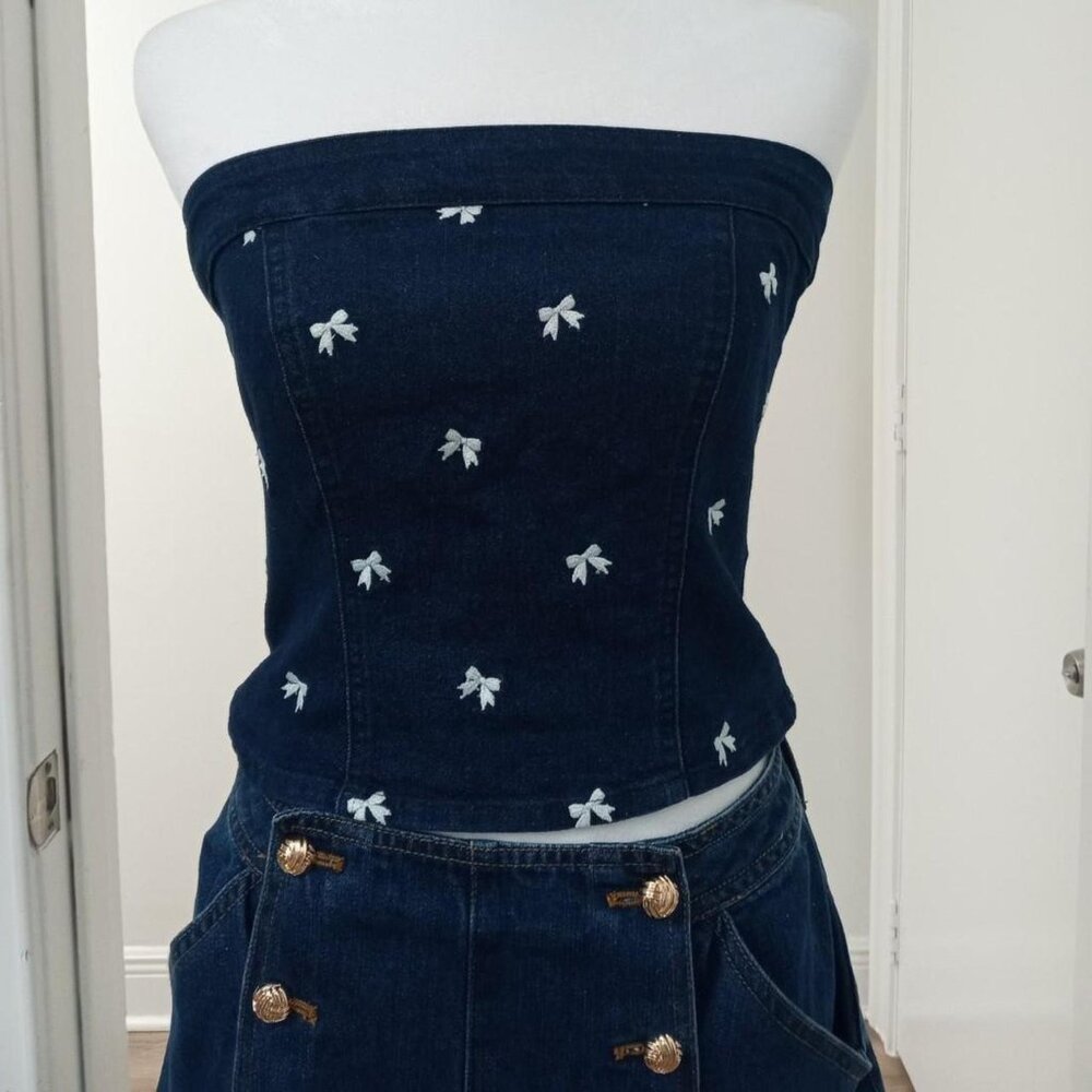 Navy denim tube top with bow embroidery